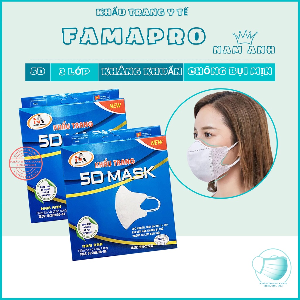 Khẩu trang y tế 5D Nam Anh Famapro phom ôm Sát Mặt với 3 lớp vải không dệt có kháng khuẩn - khautrangxanh