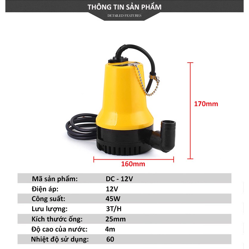 Máy bơm chìm vàng lớn công suất 45W, máy bơm nước điện áp 12V ống ra 27mm, giao màu ngẫu nhiên C0014Y1