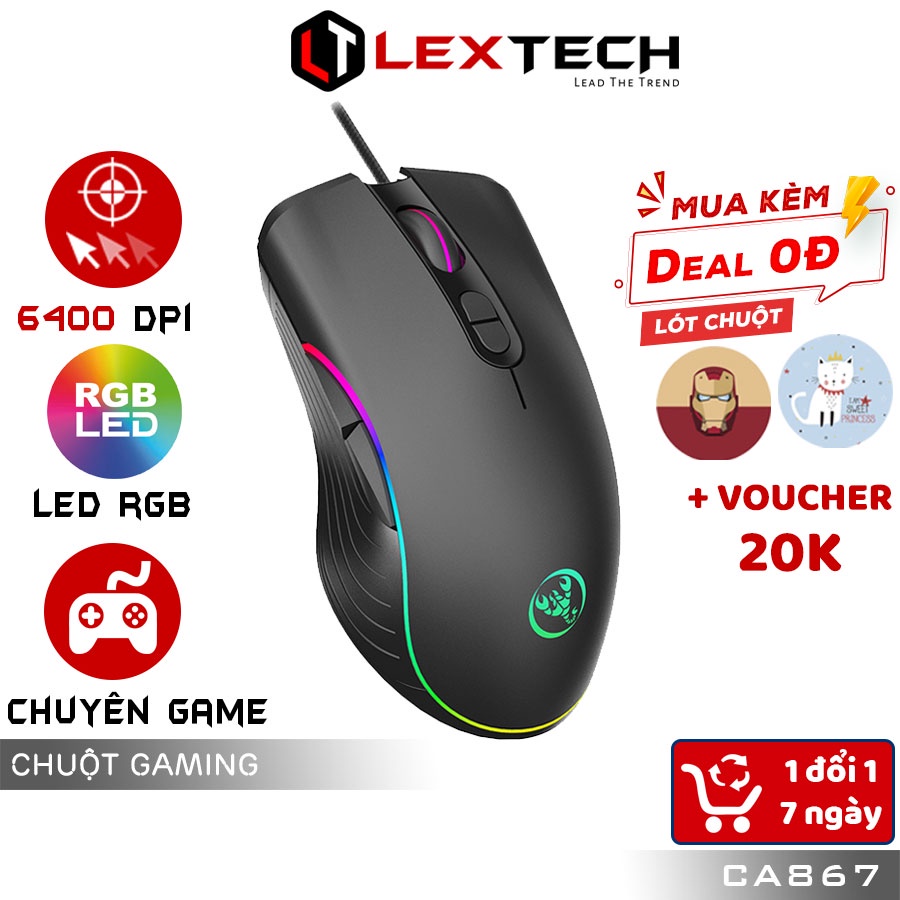 Chuột gaming máy tính có dây LexTech HXSJ 6400 DPI LED RGB 20 triệu click bền bỉ cho game thủ văn phòng laptop PC CA867