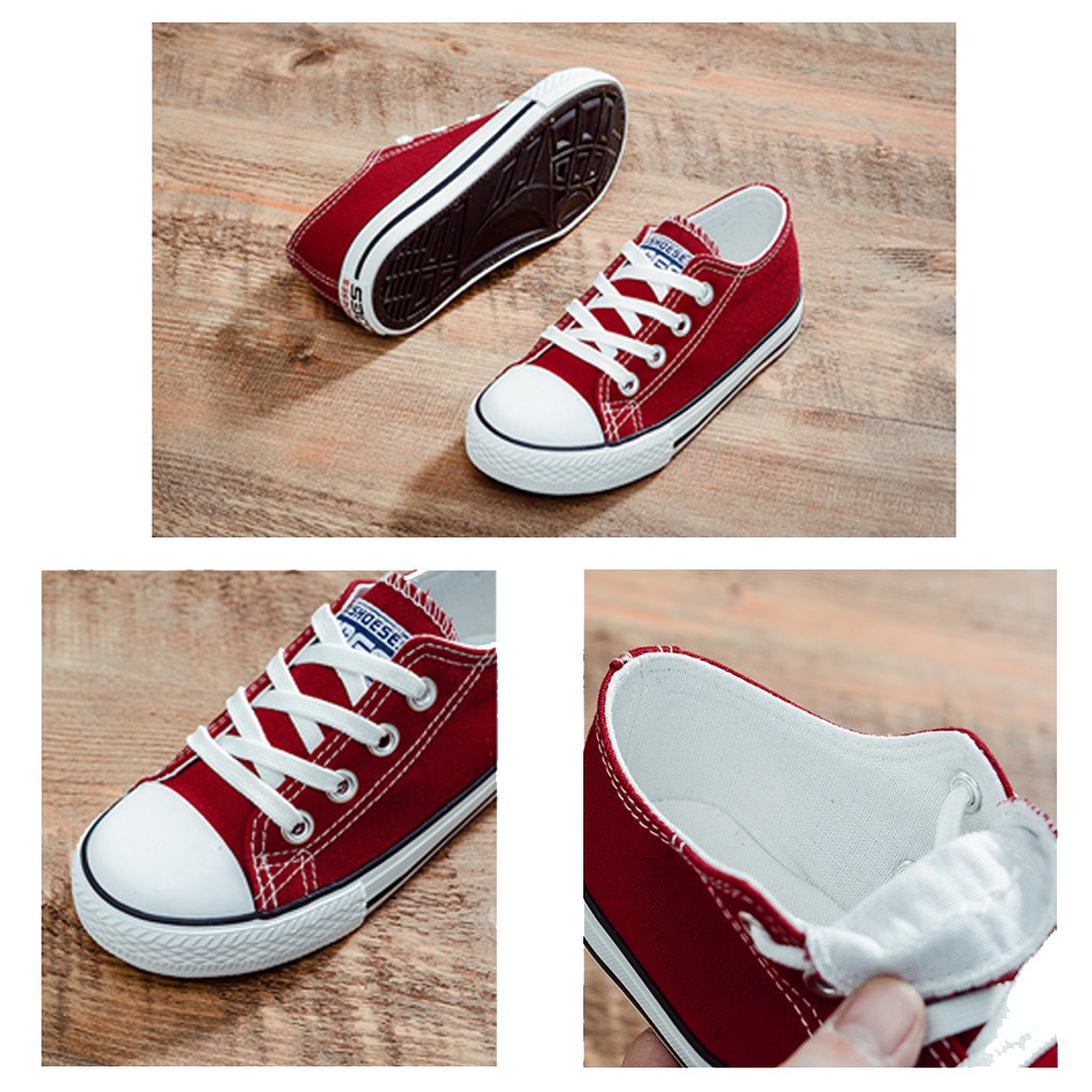 Giày vải cho trẻ em cổ thấp màu đỏ có dây buộc đủ size cho người lớn và trẻ em từ 19 đến 42