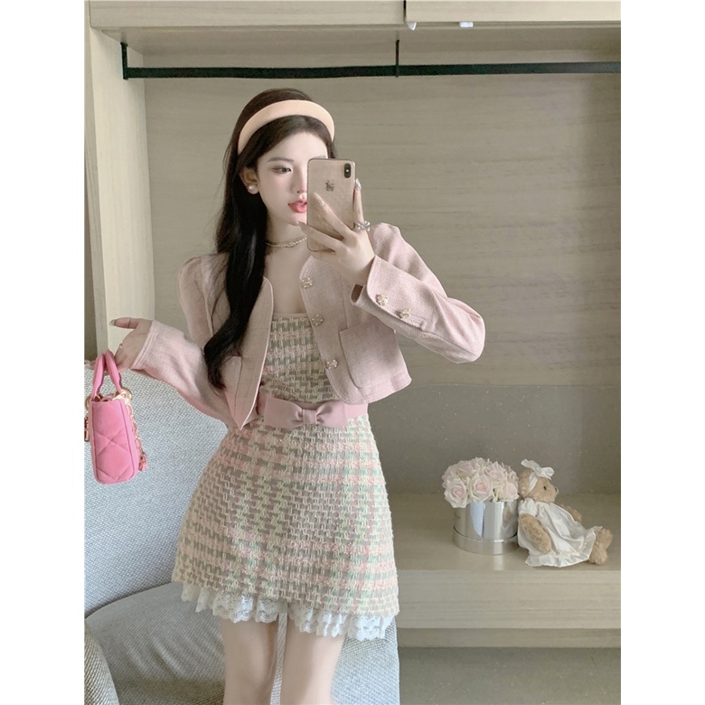 Áo Khoác Mùa Thu + Đầm Hai Dây Thắt Nơ Gợi Cảm Cho Nữ