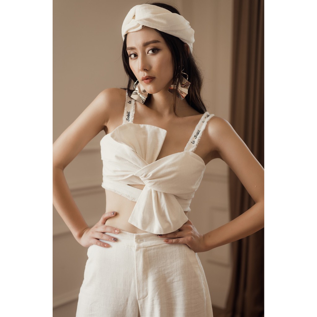 MADDY HATES ROSE - Áo croptop đũi trắng nơ