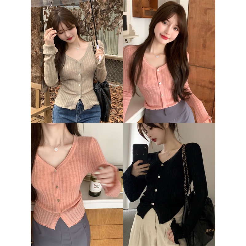 Áo Khoác Cardigan Dệt Kim Cổ Chữ V Màu Sắc Đơn Giản Cho Nữ