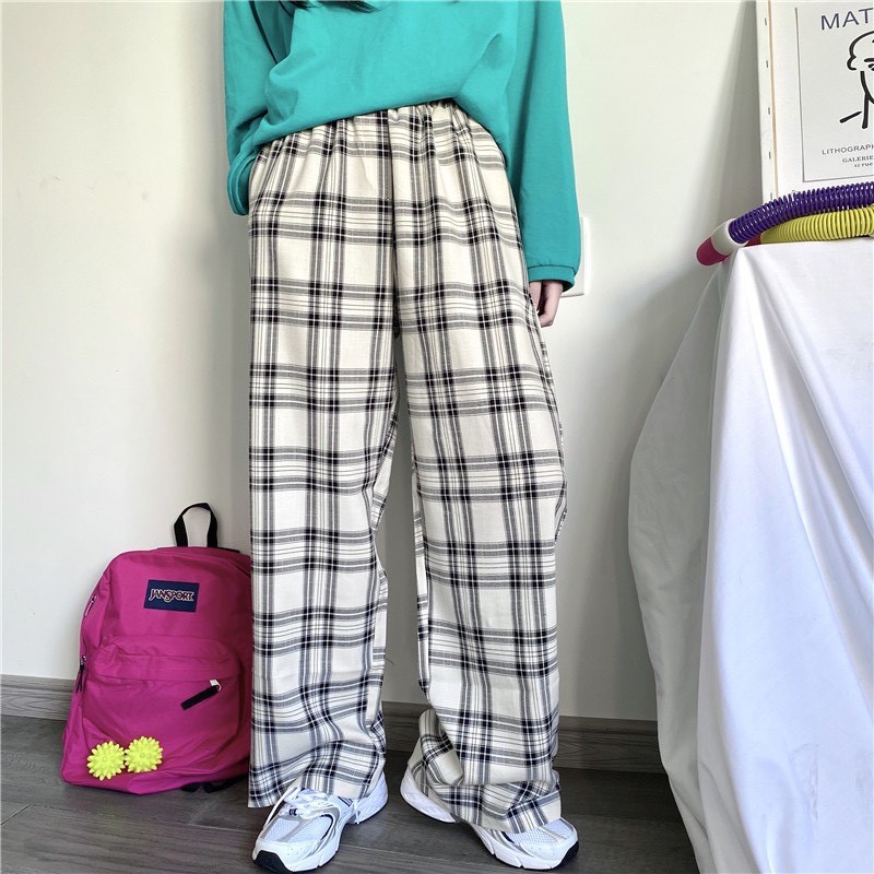 Quần Ống Rộng HOASUMO Kẻ Caro Lưng Cao Dáng Suông - Quần Kẻ Sọc Caro Ống Suông Ulzzang