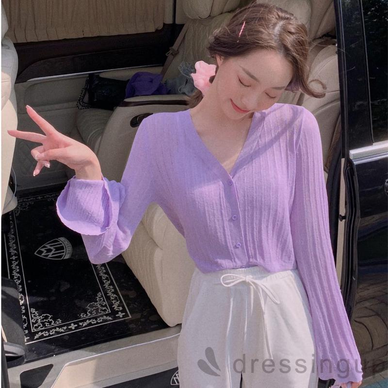 Áo Dệt Kim Tay Dài Cổ Chữ V Màu Sắc Đơn Giản Cho Nữ