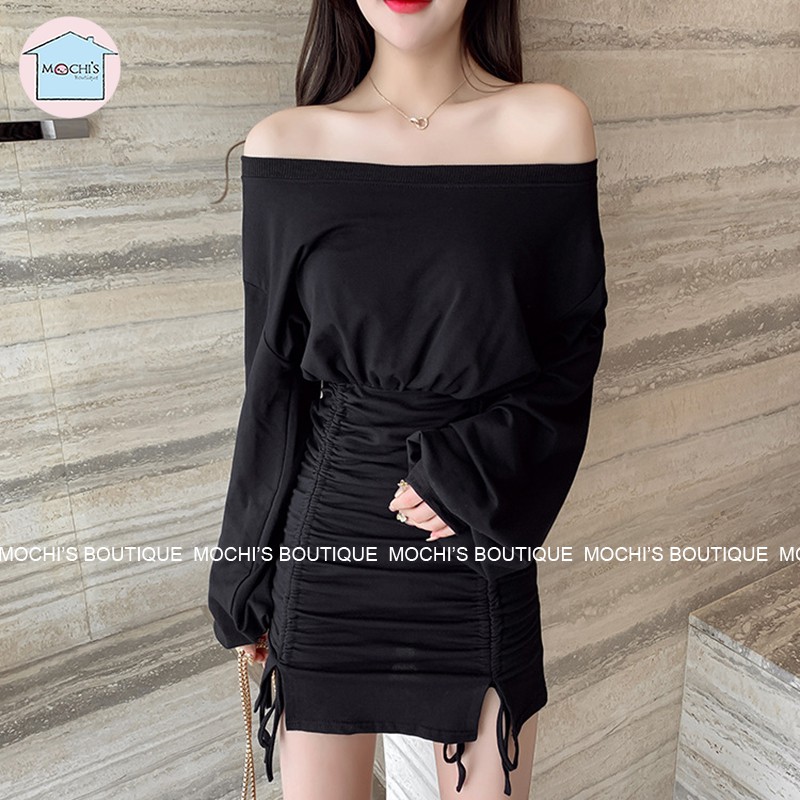 Váy đầm body dài tay lệch vai dây rút, mẫu Váy đầm len tăm body rút dây tôn dáng cực xinh -M027 | BigBuy360 - bigbuy360.vn