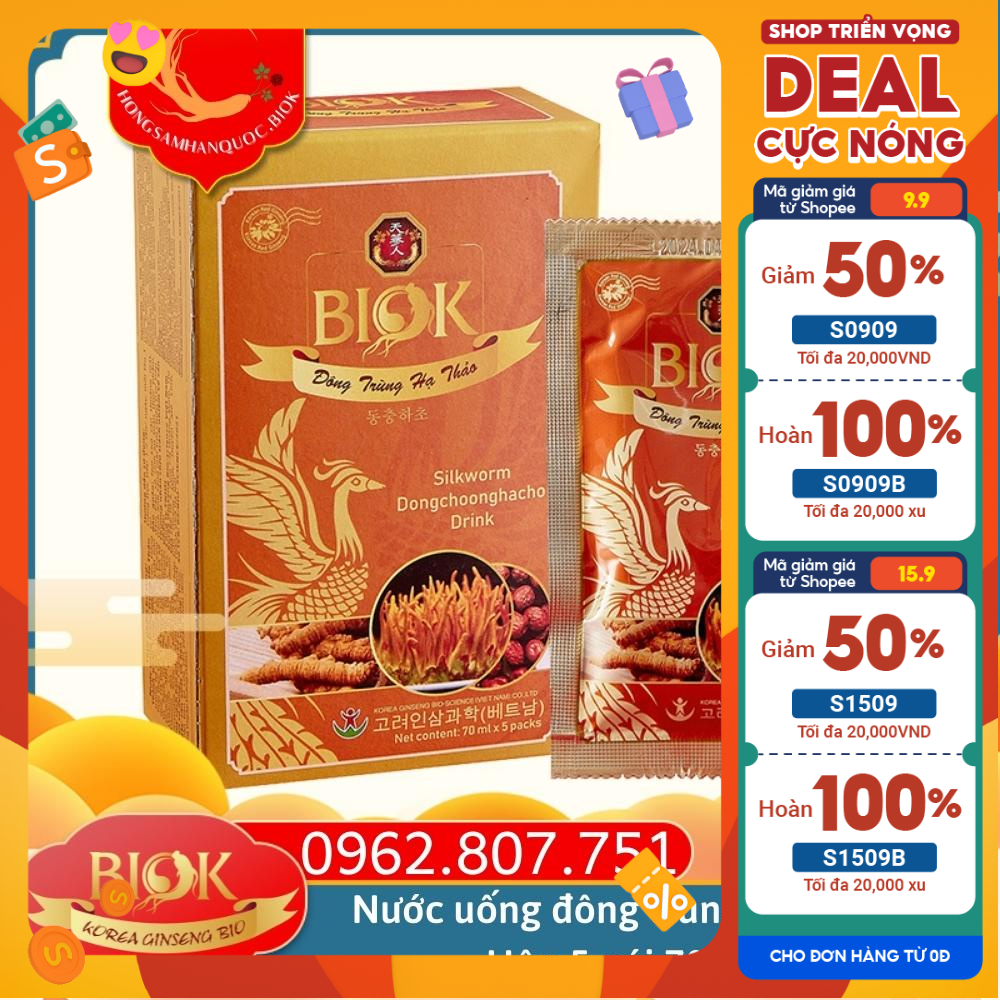 Đông trùng hạ thảo Hàn Quốc dạng nước BIOK chính hãng 5 gói 70ml, Chiết xuất nấm đông trùng cải thiện sức khỏe