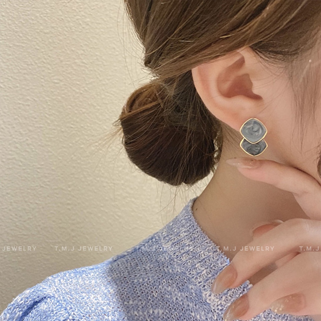 Bông tai nữ TMJ thiết kế tương phản màu xanh dương sóng nhũ s925 phong cách retro Hàn Quốc - kt06