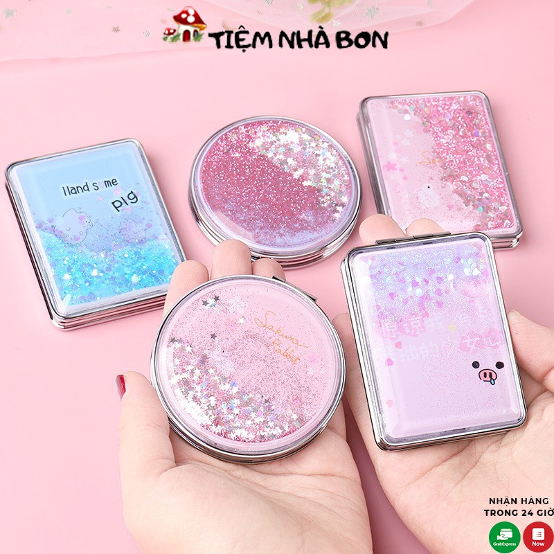 Gương trang điểm mini 2 mặt vỏ ngoài nhũ kim tuyến, Gương 2 mặt gấp gọn nước kim tuyến chảy lấp lánh