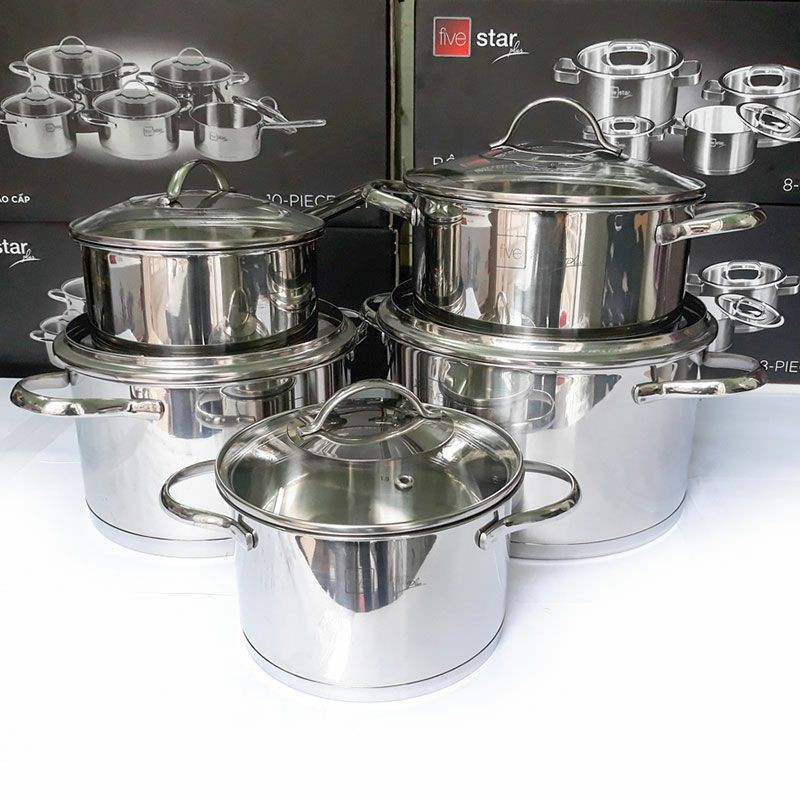 Bộ nồi xửng hấp inox cao cấp Fivestar 6 món 3 đáy từ nắp kính , dùng tốt bếp từ , hồng ngoại , gas