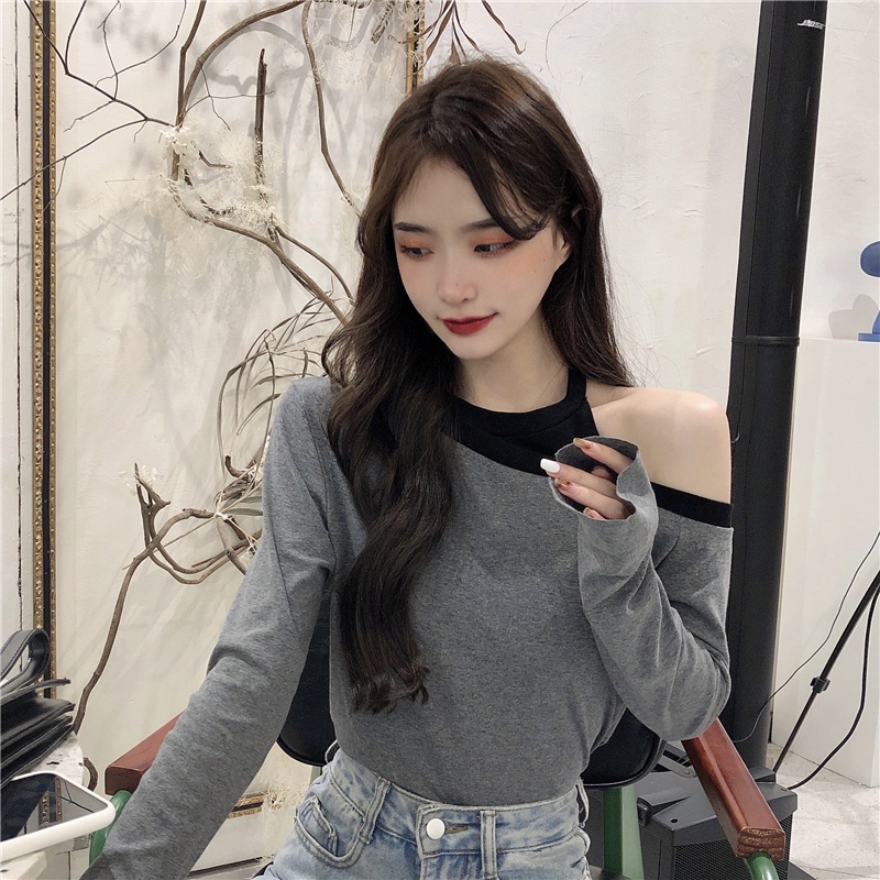 Áo thun ZHELIHANGFEI tay dài hở vai giả hai lớp phong cách quyến rũ tùy chọn màu sắc