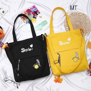 Túi vải tote hai dây in chữ smile nhiều màu