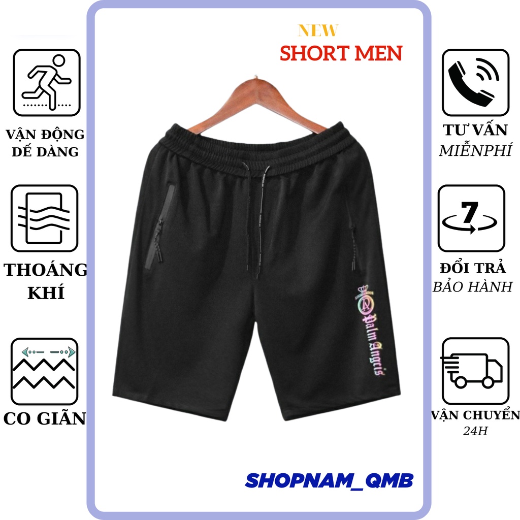 Quần short nam chất thun co giãn, khóa chống nước, logo phản quang 7 màu, Quần nam đẹp QS606
