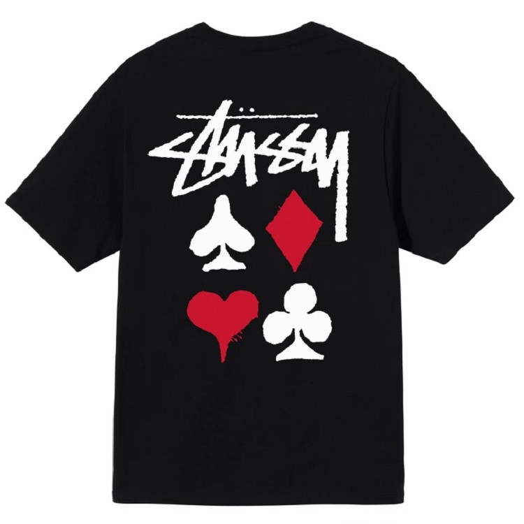STUSSY Áo Thun Cotton Ngắn Tay In Hình Lá Bài Poker Trái Tim Đỏ Thời Trang Cho Cặp Đôi
