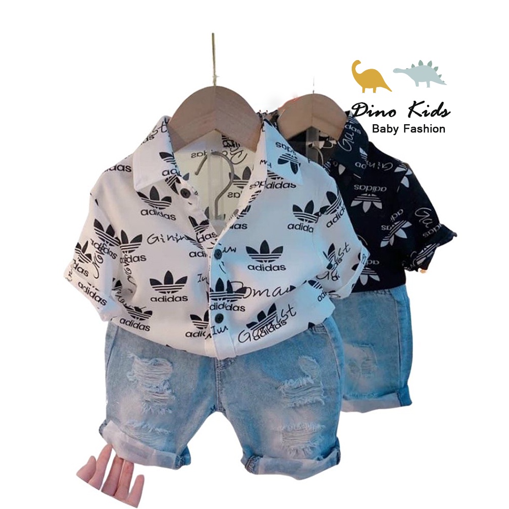 Bộ cộc tay sơ mi quần jeans cho bé trai, Sét áo sơ mi bé trai 3 lá sành điệu kèm quần short jean cào rách cực ngầu