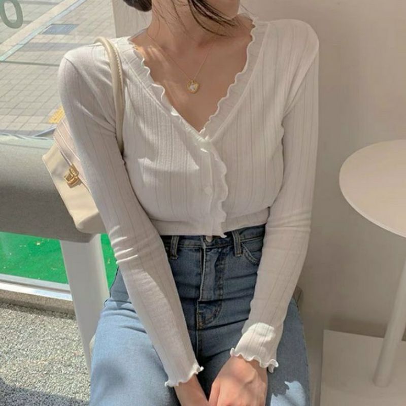 ÁO CROPTOP DÀI TAY VIỀN BÈO VẢI ĐẸP