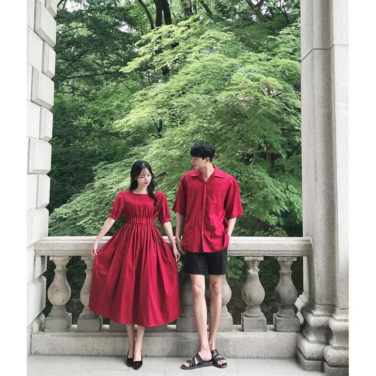 SẴN Áo đôi Set áo váy sơ mi đôi nam nữ cao cấp màu đỏ, xanh, hồng , kem