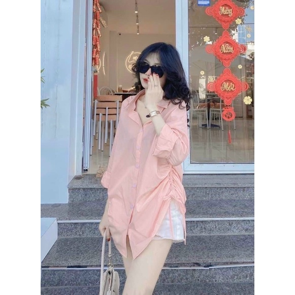 [ BIGSIZE ] ÁO SƠ MI HỒNG RÚT DÂY