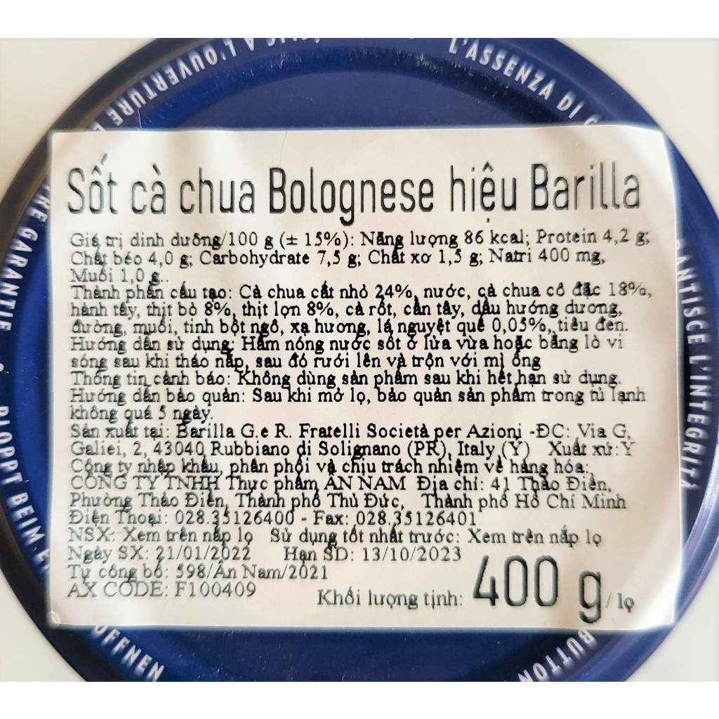[Lọ 400g – BOLOGNESE ] XỐT CÀ CHUA [Italia] BARILLA Pasta Sauce (anm)