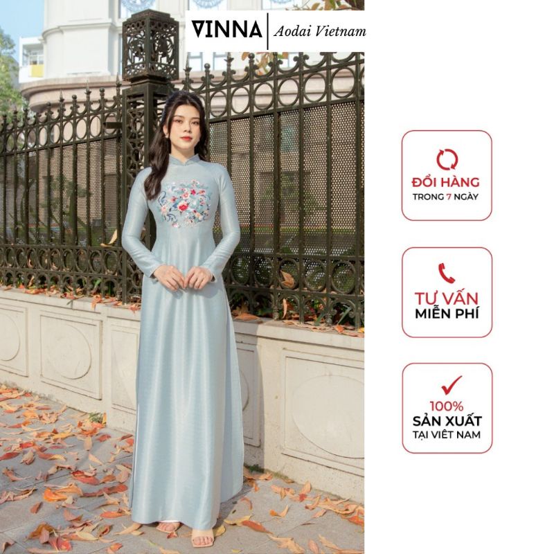 Áo dài lụa vân Xanh Thêu thêu kết tỉ mỉ, sang trọng, phù hợp các dịp quan trọng thiết kế thương hiệu thời trang Vinna