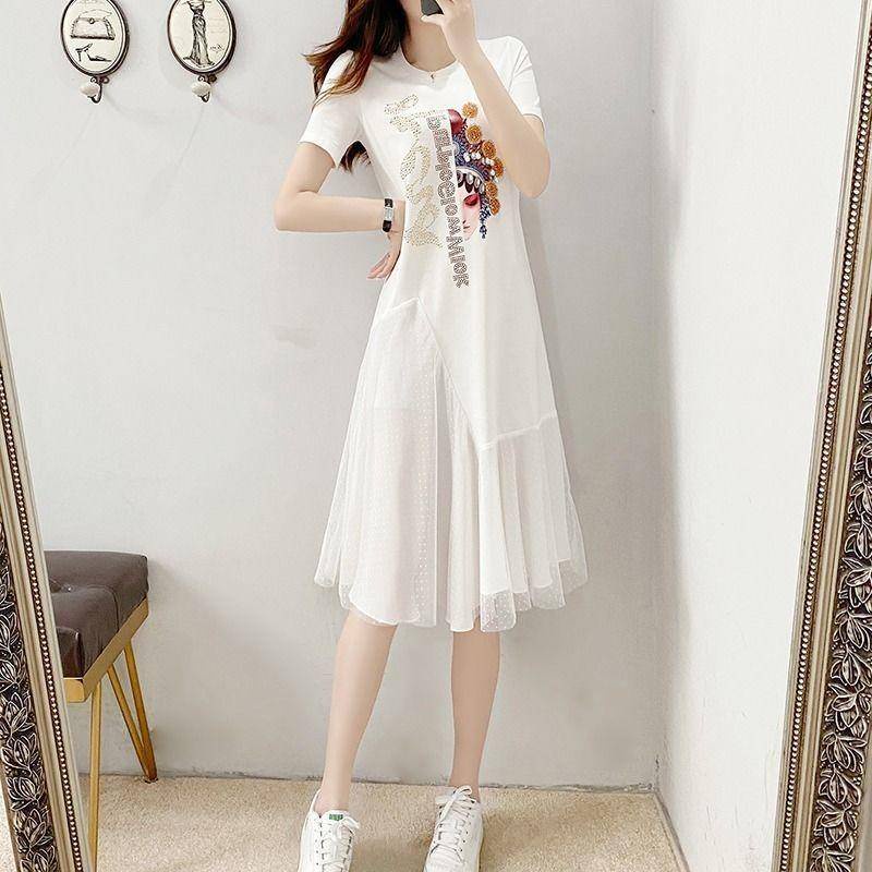 Đầm Thun Ngắn Tay Phối Lưới Phong Cách Mới Cho Nữ
