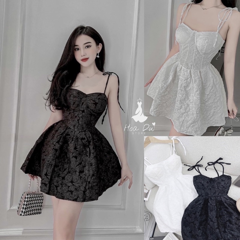 Đầm gấm 2 dây dáng xoè cúp ngực, cho nàng dự tiệc đi chơi du lịch