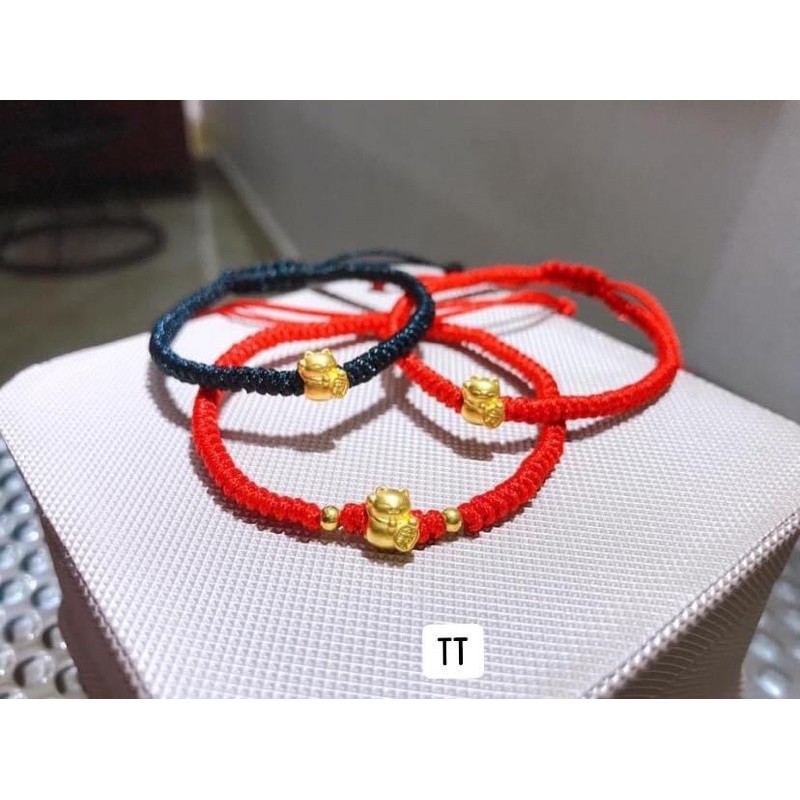 Mèo thần tài mini vàng 24 cara Tết chỉ đỏ k kèm bi vàng.