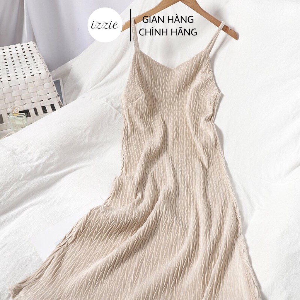 Váy đầm 2 dây Izzie cổ V nhung hàn mềm mịn V255, dáng chữ A, thoải mái, sang trọng, quyến rũ, form dưới 60kg | BigBuy360 - bigbuy360.vn