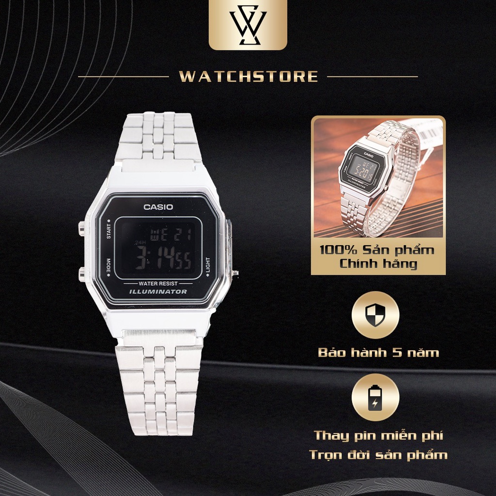 Đồng Hồ Điện Tử Nữ Casio WATCHSTORE LA680WA-1BDF Thiết Kế Mặt Kính Nhựa Vuông 28.5mm, Dây Kim Loại, Vỏ Mạ Crom