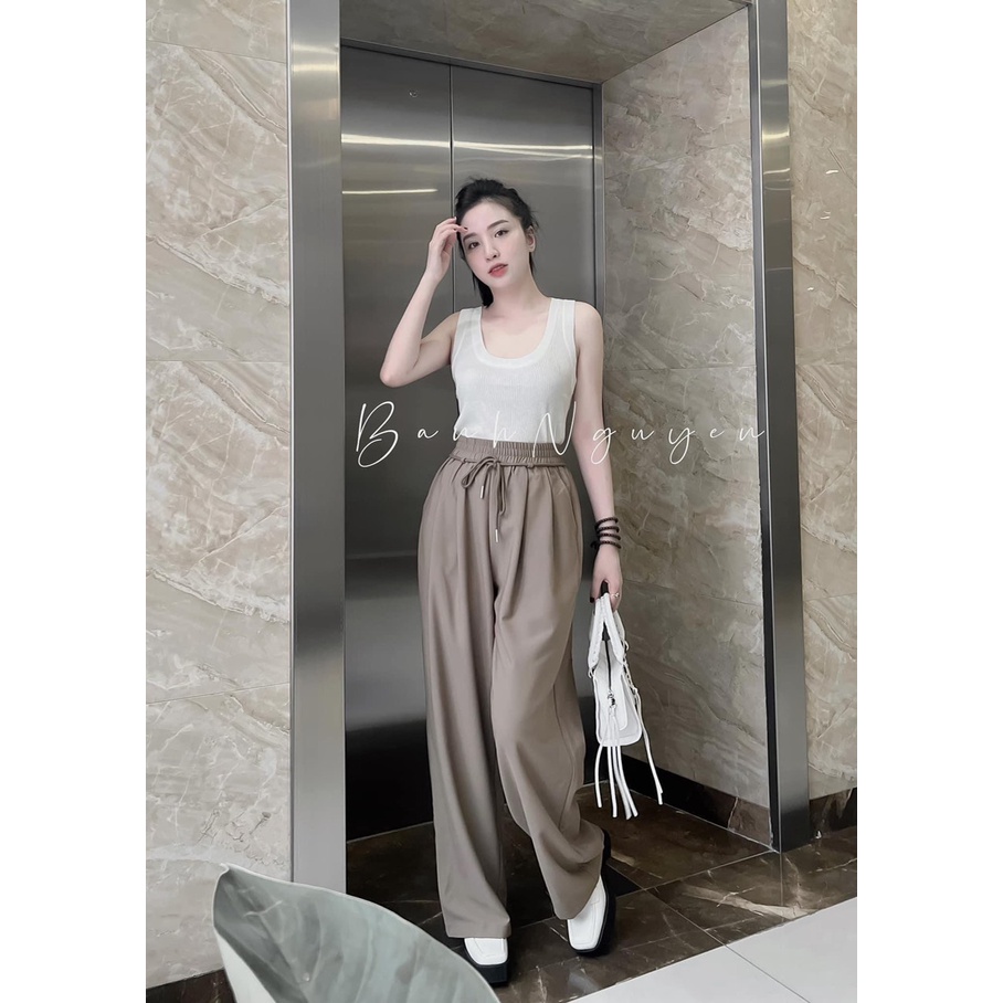 Quần suông sớ chất vải ruby  2 màu đen nâu cạp chun trang trí dây rút