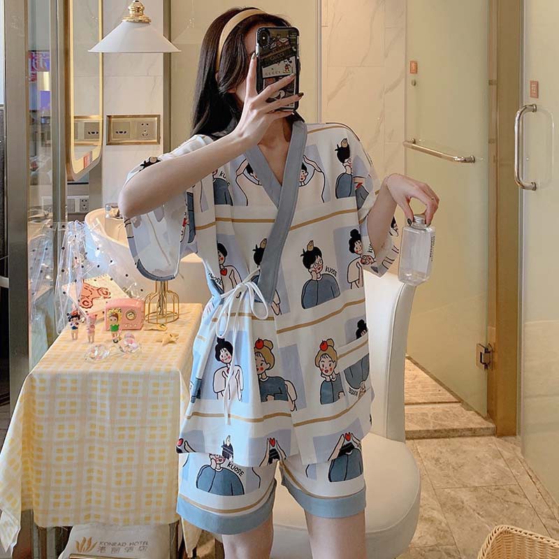 [SẴN HOẠT HÌNH XXL]Bộ đồ ngủ mặc nhà pijama kimono nhật bản áo cổ V tay ngắn+quần short ngắn dễ thương ulzzang ( 2 màu )