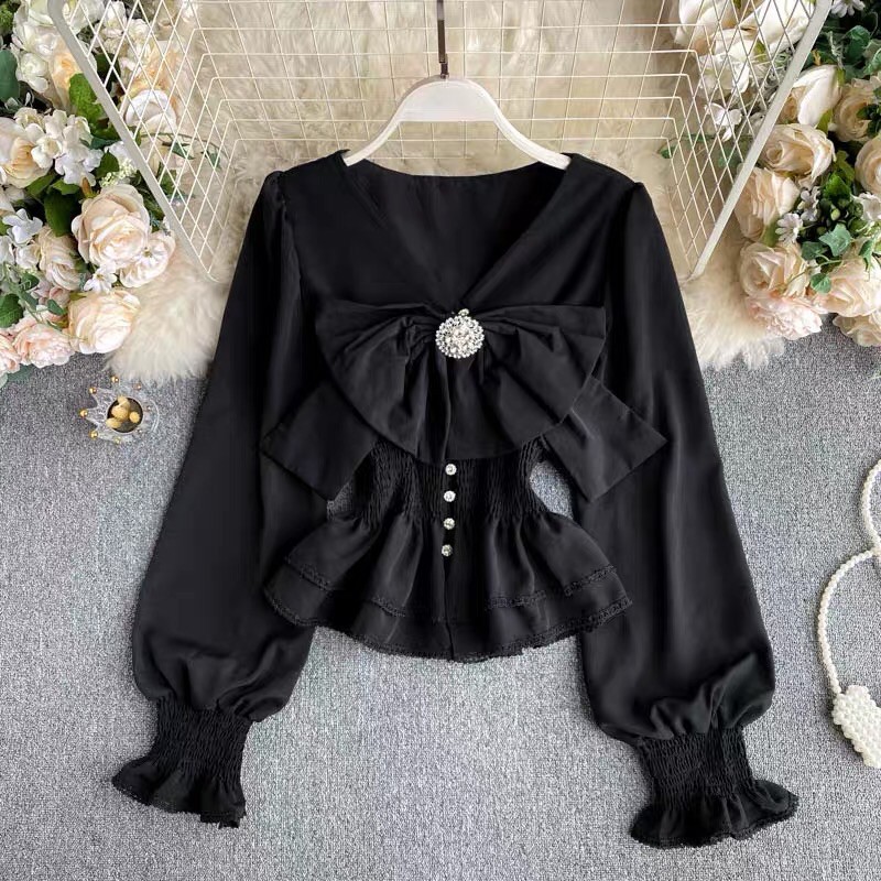 Áo blouse eo bo chun bèo tầng tay bồng cổ v ngực đính nơ lấp lánh