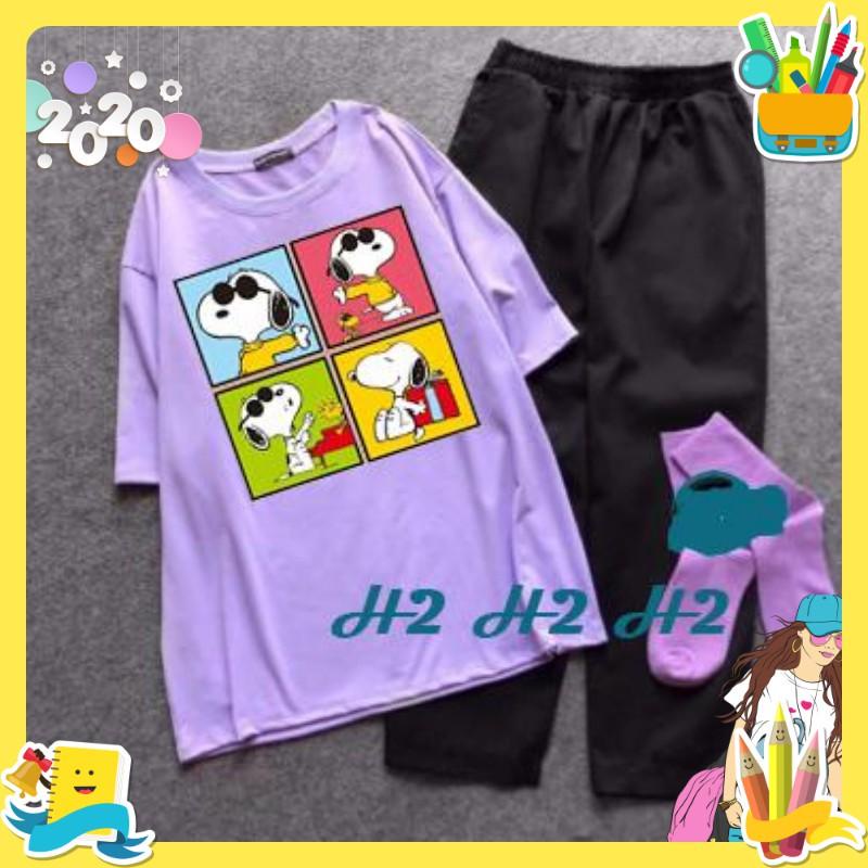 Sét Bộ Đồ Nữ  Dạo Phố Ngắn Tay ,Áo Phông Cotton In 4 Mặt Cusin Kèm Quần Jogger Kaki Phong Cách Hàn Q