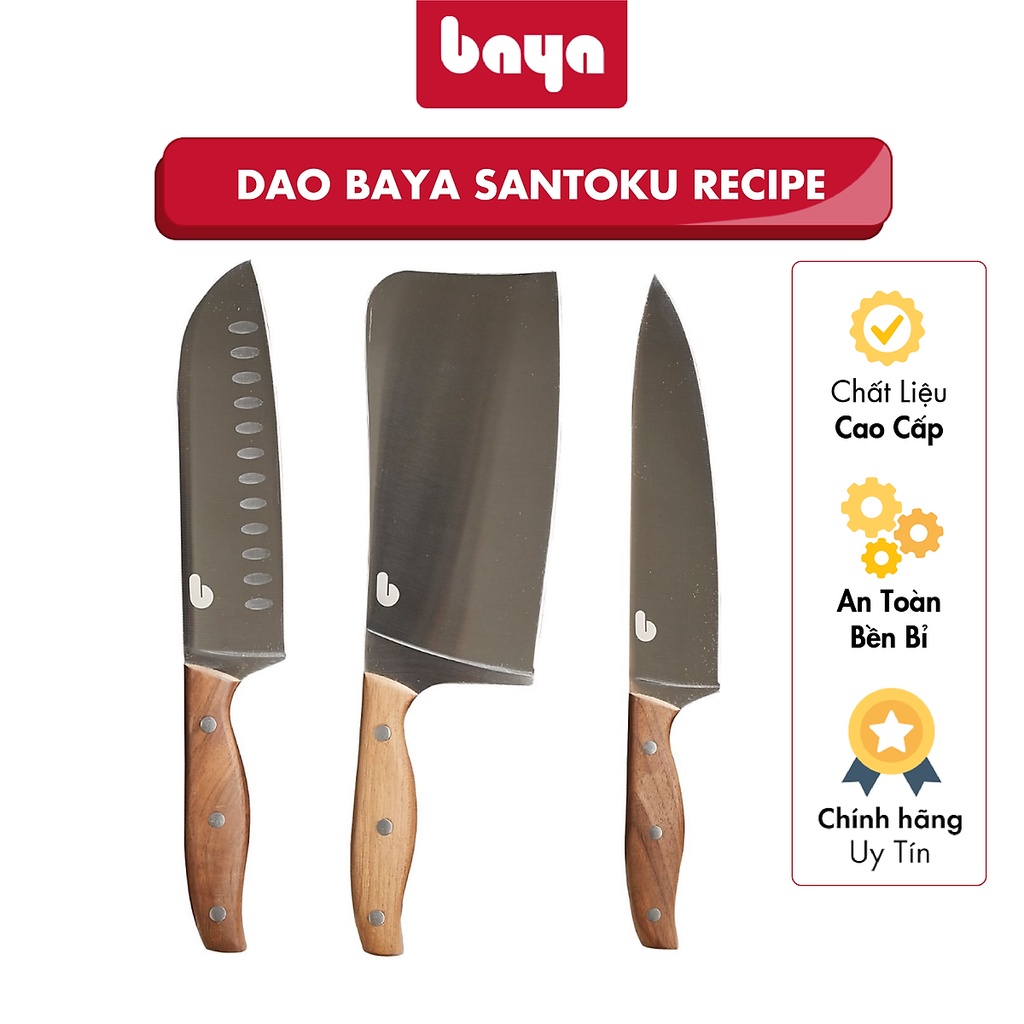 Bộ Dao Nhà Bếp 3 Món Cao Cấp BAYA RECIPE Lưỡi Dao Thép Không Gỉ Tay Cầm Gỗ Chặt, Cắt Hoặc Băm Thịt Dễ Dàng