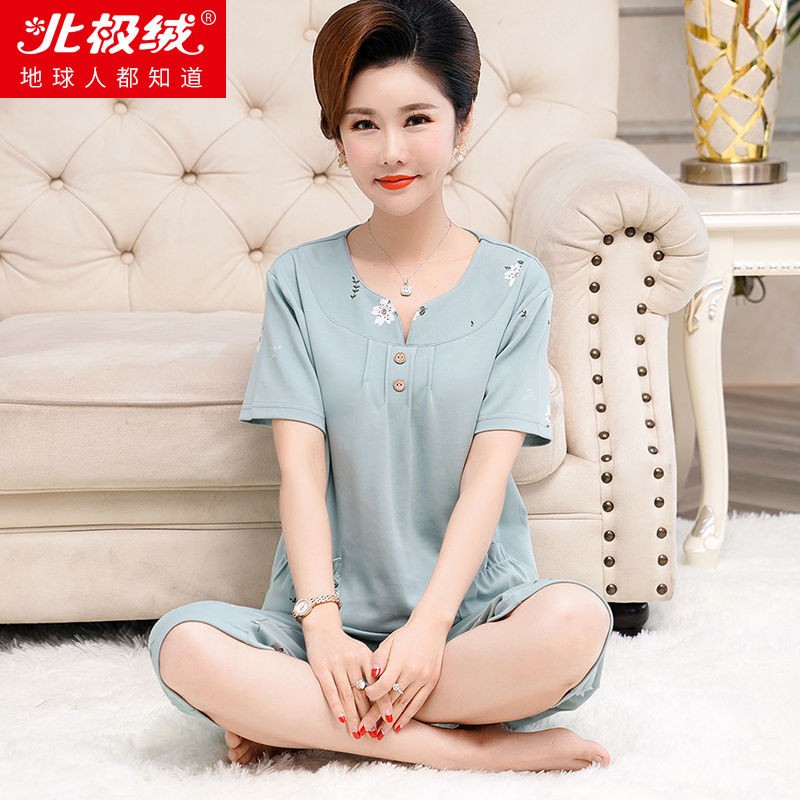 Đồ ngủ bà mẹ, quần tây ống ngắn tay bằng cotton mỏng phù hợp với người trung niên và mẹ chồng cộng sizeFF