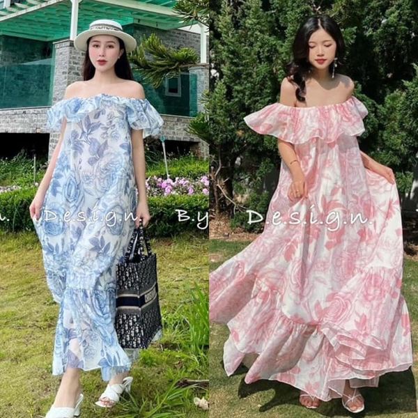 Đầm Maxi Voan Hoa Trễ Vai Đuôi Cá