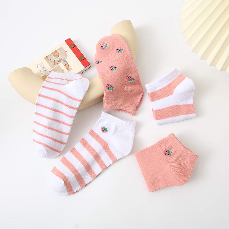 ❤️FREESHIP❤️ Tất - Vớ nữ Dâu tây Hồng Cotton Trơn Ulzzang Cổ Ngắn gân tăm Phong Cách Vintage Hàn Quốc