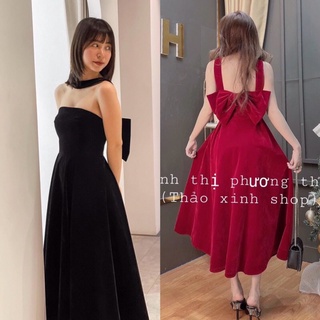 Đầm midi cổ yếm phối nơ lưng
