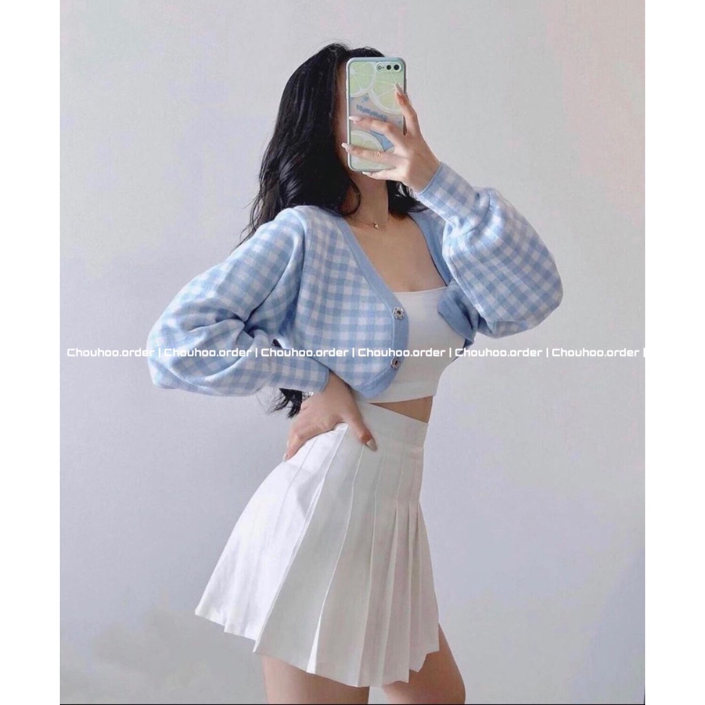-  Quà tặng sinh nhật,bạn gái Áo cardigan caro tay to/ váy tennis xòe