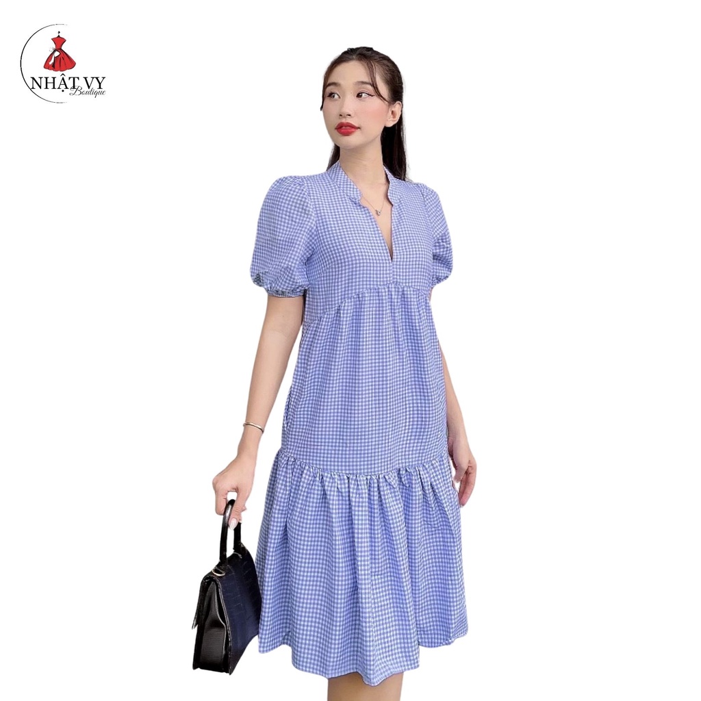 Đầm Nữ NHẬT VY Suông Đuôi Cá Cổ Đứng Tay Phồng Chất Caro Xịn Màu Xanh, Nude - D2058