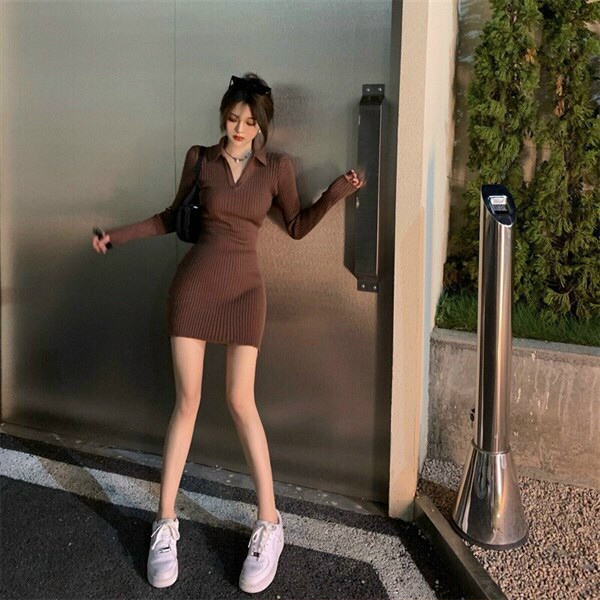[9,9 Sales Freeship] Váy đầm nữ ôm body, đầm thun cổ v tay dài dáng ngắn đi chơi cá tính, đầm thun cổ bẻ tôn dáng