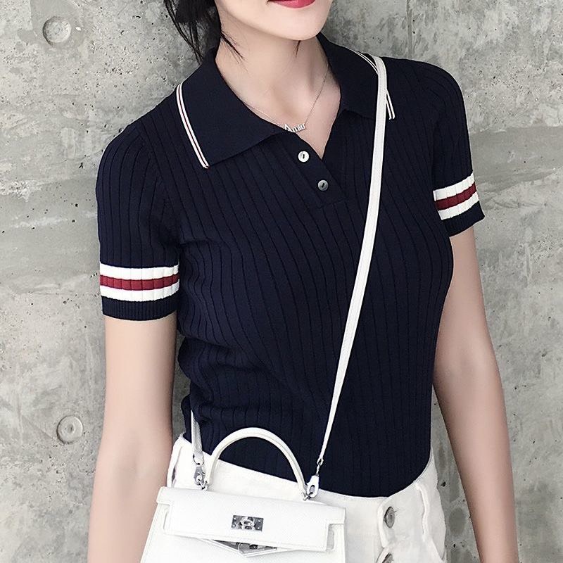 Áo Len Dệt Kim Cổ Bẻ Nút Sọc Tay Ngắn | Smide Clothing