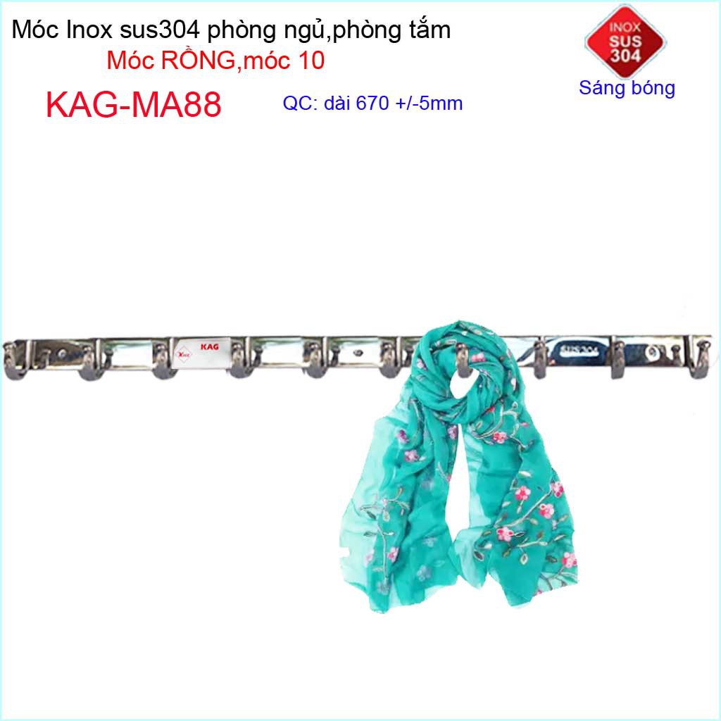 Móc rồng treo quần áo inox 304 cao cấp dày, móc Kace 10 móc treo đồ nhà tắm KAG-MA88