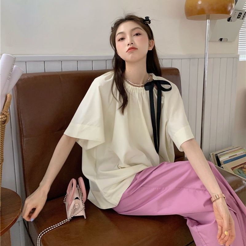 Áo Sơ Mi Tay Ngắn Dáng Rộng Phối Dây Buộc Kiểu Pháp Thời Trang Mùa Hè Xinh Xắn Cho Nữ