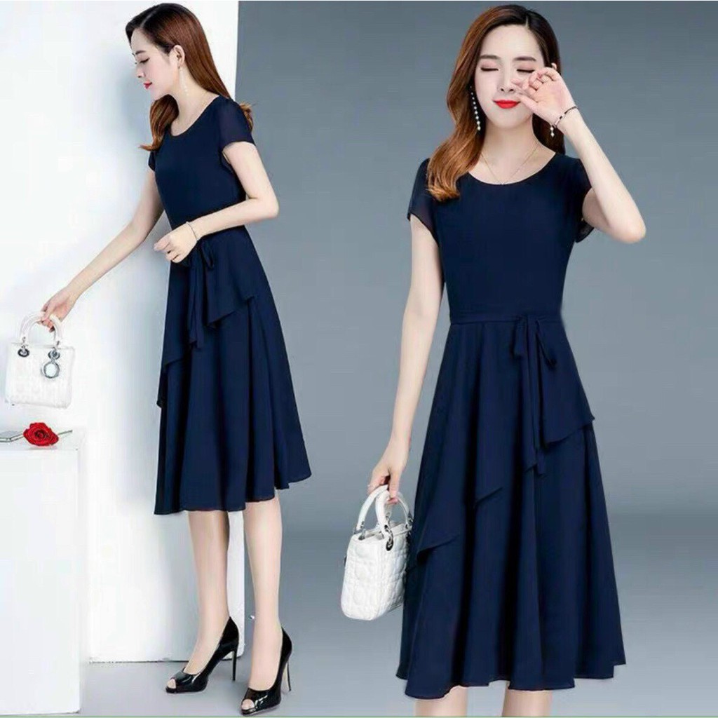 Đầm dự tiệc Trung Niên DUYHUNGSHOP M/L/XL/2XL màu đen màu đỏ vải voan 2 lớp thắt nơ eo