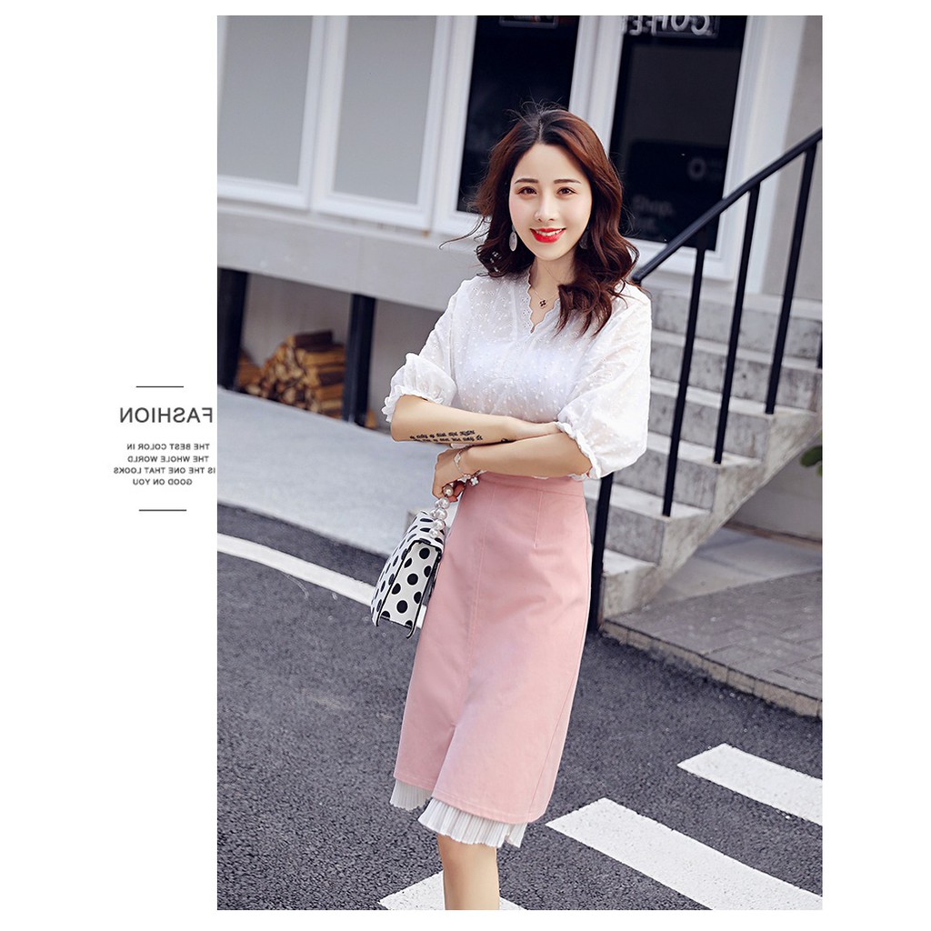 ( Hàng sẵn) Đầm nữ, ÁO REN hoa lưới bi trắng kết hợp chân váy bò phong cách Pháp | BigBuy360 - bigbuy360.vn