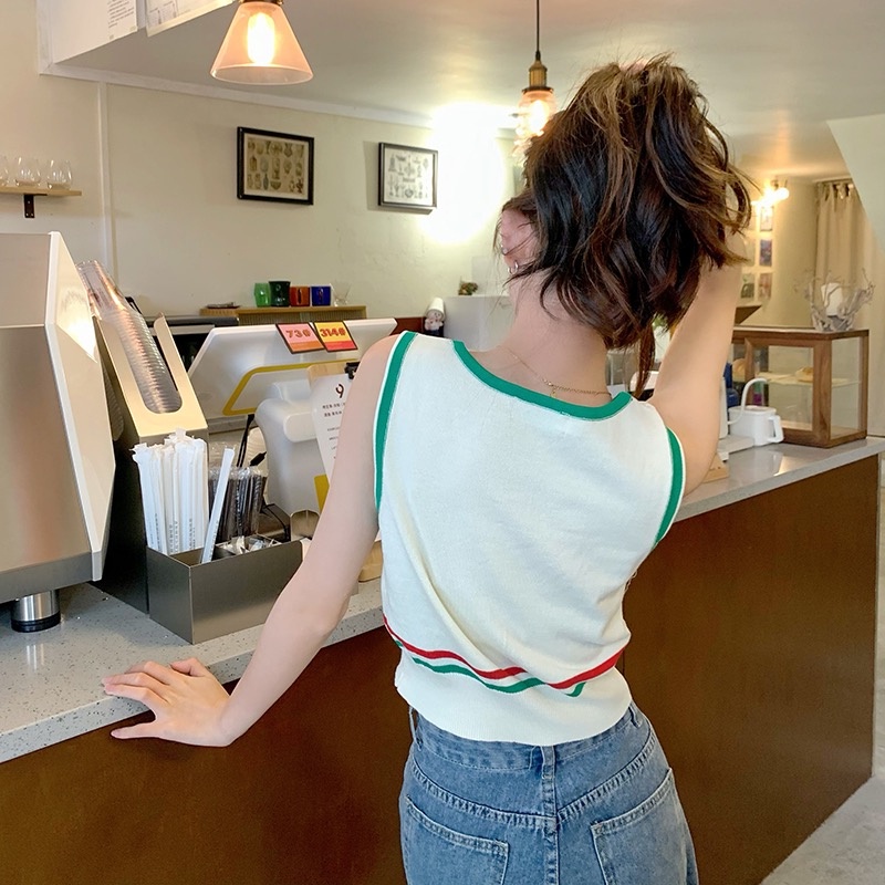 Áo Dệt Kim Sát Nách Thêu Chữ Phối Màu Tương Phản Kiểu Retro Thời Trang