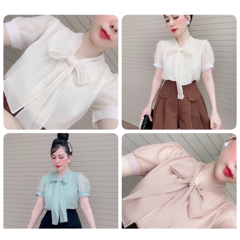 Áo sơ mi cổ nơ 2 lớp