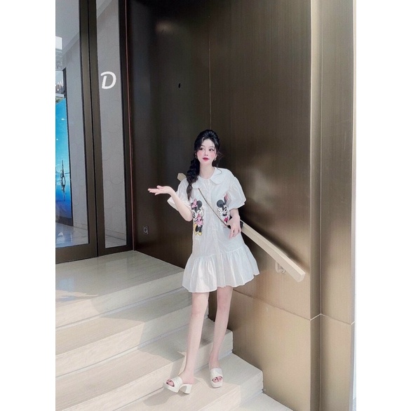 đầm xoè sơ mi ngắn tay in hình mickey cute