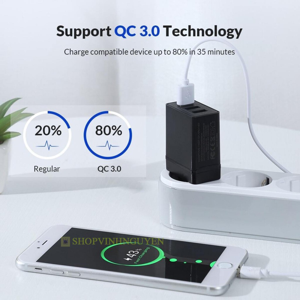 Củ sạc nhanh TOPK 18W B348Q chuẩn QC3.0 3 cổng USB cho điện thoại Samsung Xiaomi Iphone, Oppo... Bảo hành 1 tháng